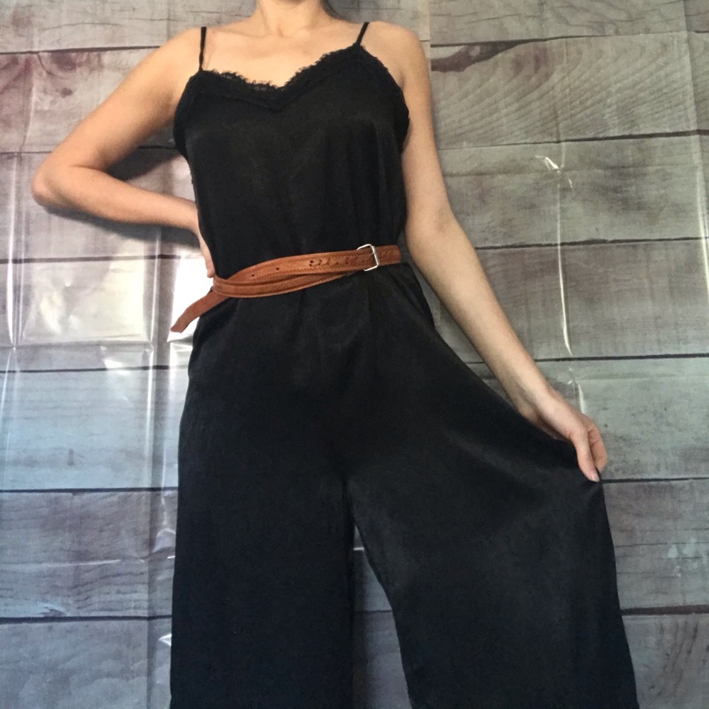 Dee Elly Black Satin Cropped Jumpsuit Tie Back
